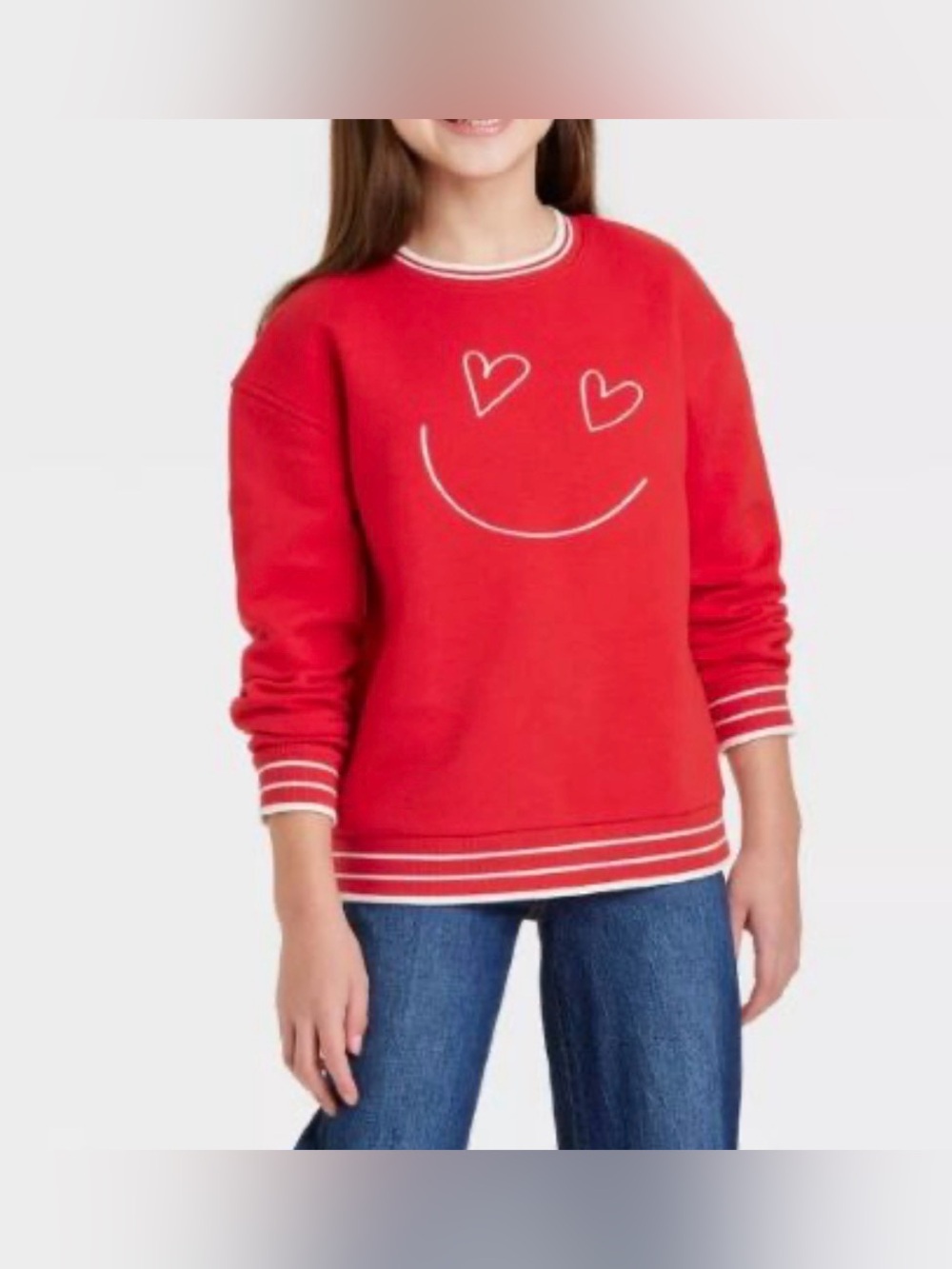 Cat & Jack Girls Red Heart Eyes Sweatshirt with Stripe Trim (Size: L 10/12)